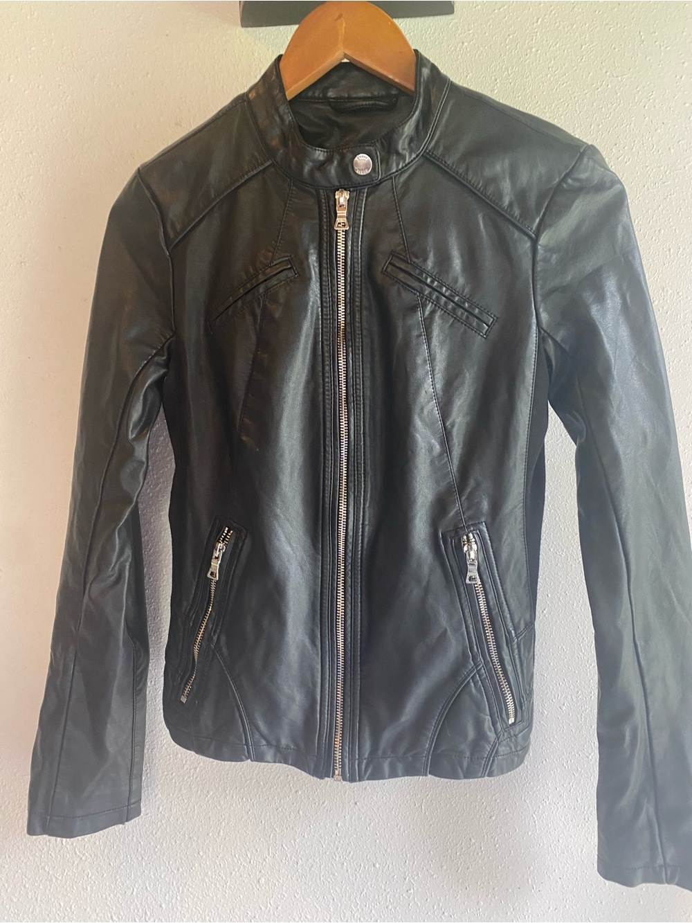 Guess Black Leather Moto Jacket with Silver Hardware